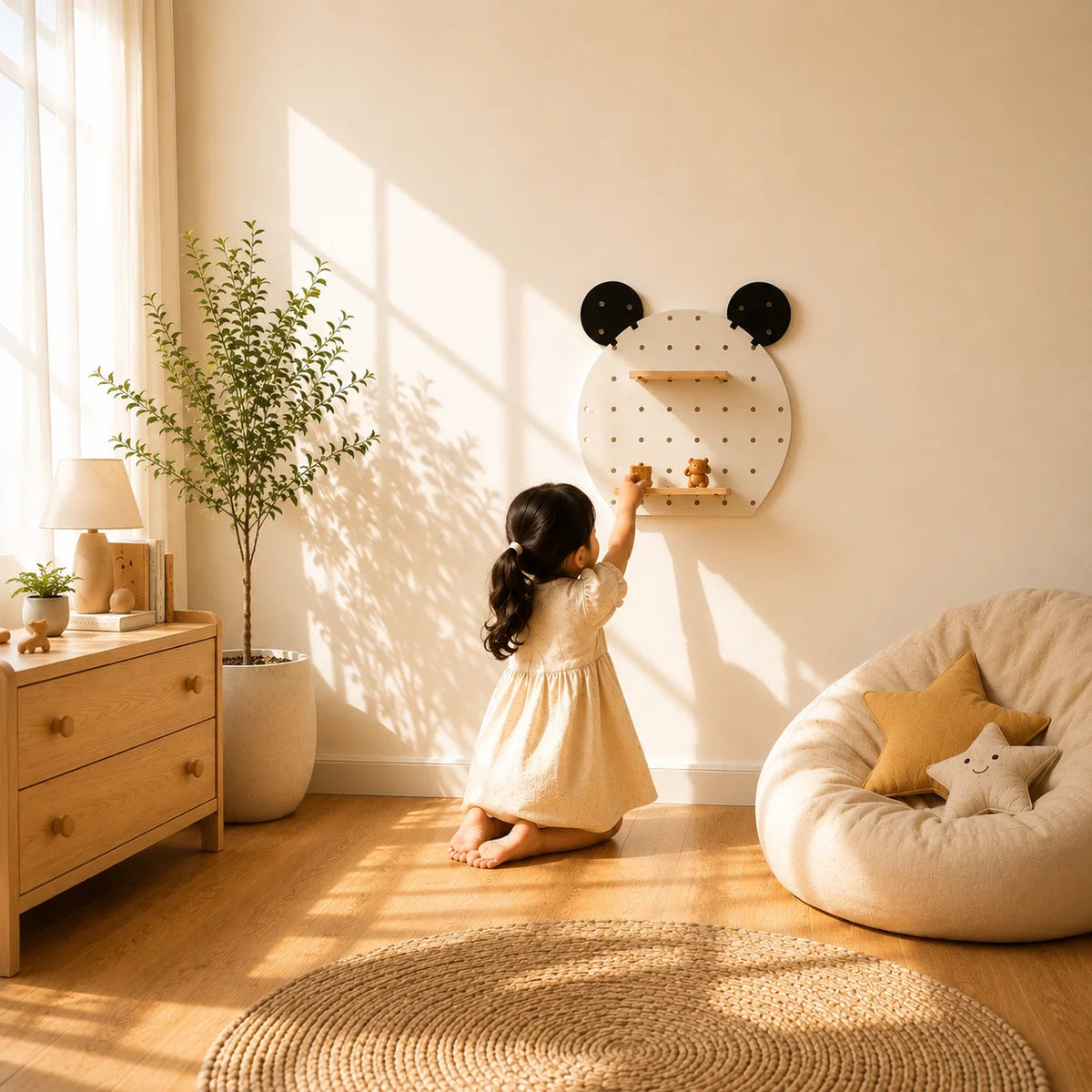 A white circular pegboard wall shelf with black bear ears and three small wooden shelves, mounted on a beige wall with warm sunlight and window shadow patterns.