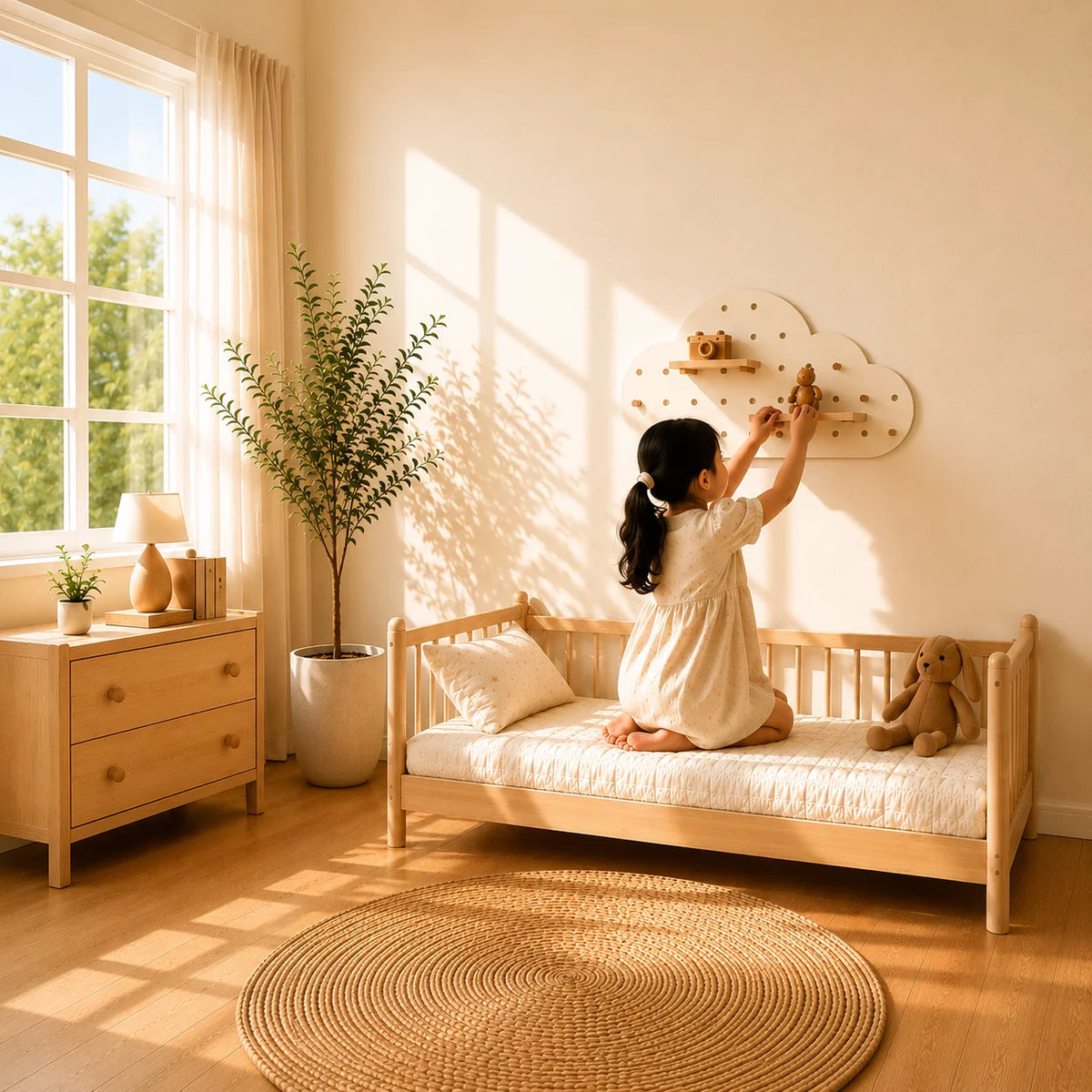 A wall-mounted white pegboard shelf with black bear ears and small wooden shelves, shown on a beige wall with sunlight shadows and dimension labels reading 60 cm by 60 cm.
