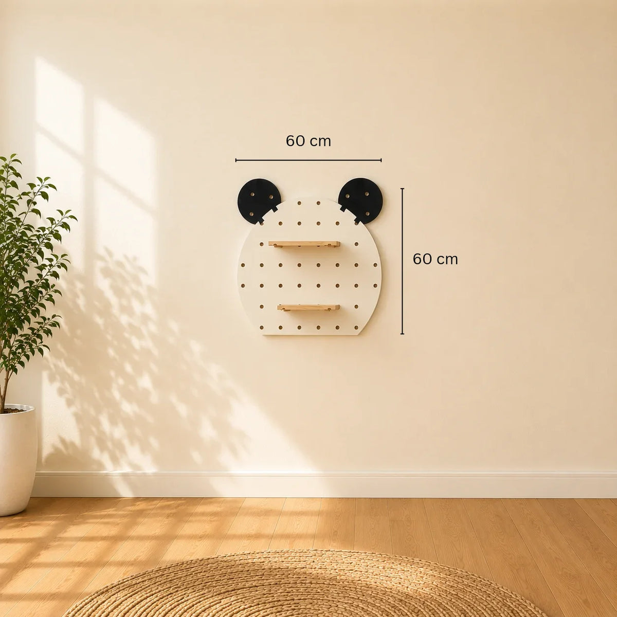 A white cloud-shaped pegboard wall shelf with two light wood shelves mounted on a beige wall, with warm sunlight casting windowpane shadows on the wall and light wood floor.