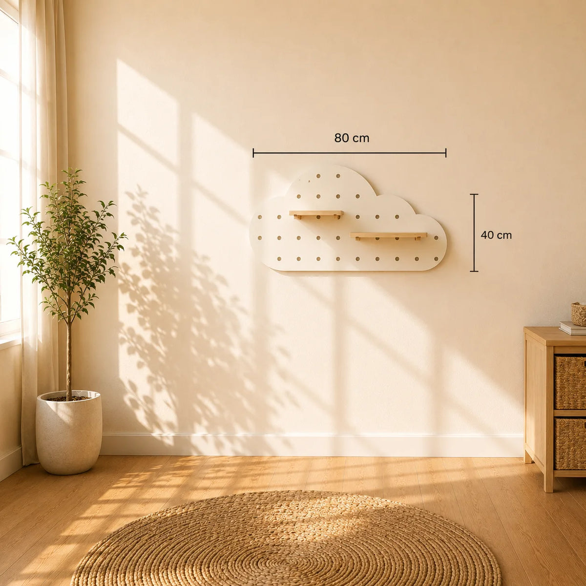 A young child in a cream dress sits on a wooden daybed in a warm, sunlit nursery, reaching toward a white cloud-shaped wall shelf decorated with small toys and plants. The room features a matching cream rug, a wooden storage cabinet, and a teddy bear framed on the wall.