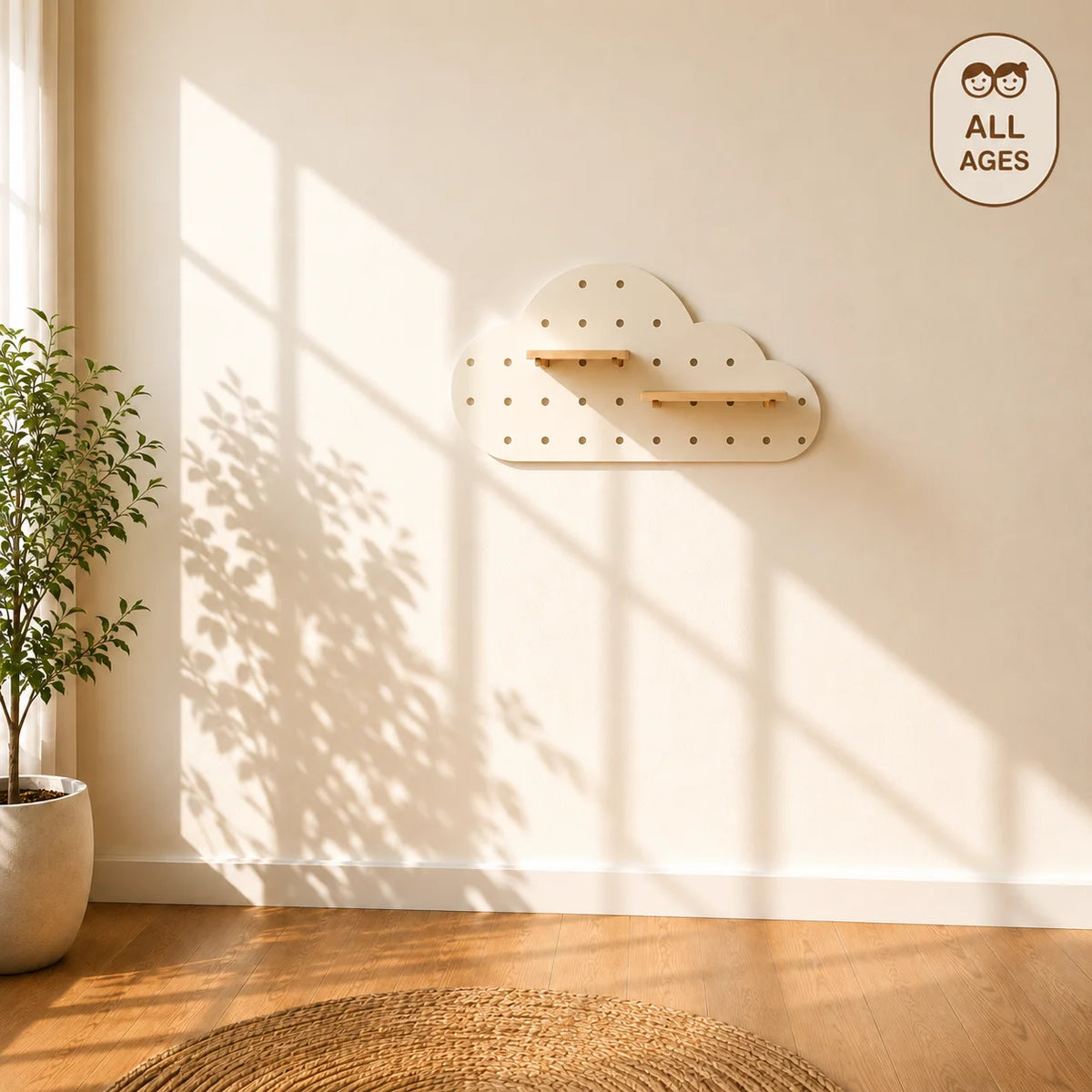 A white cloud-shaped pegboard wall shelf with two light wood shelves mounted inside, shown on a beige wall in a sunlit room. Black dimension lines indicate 80 cm width and 40 cm height.