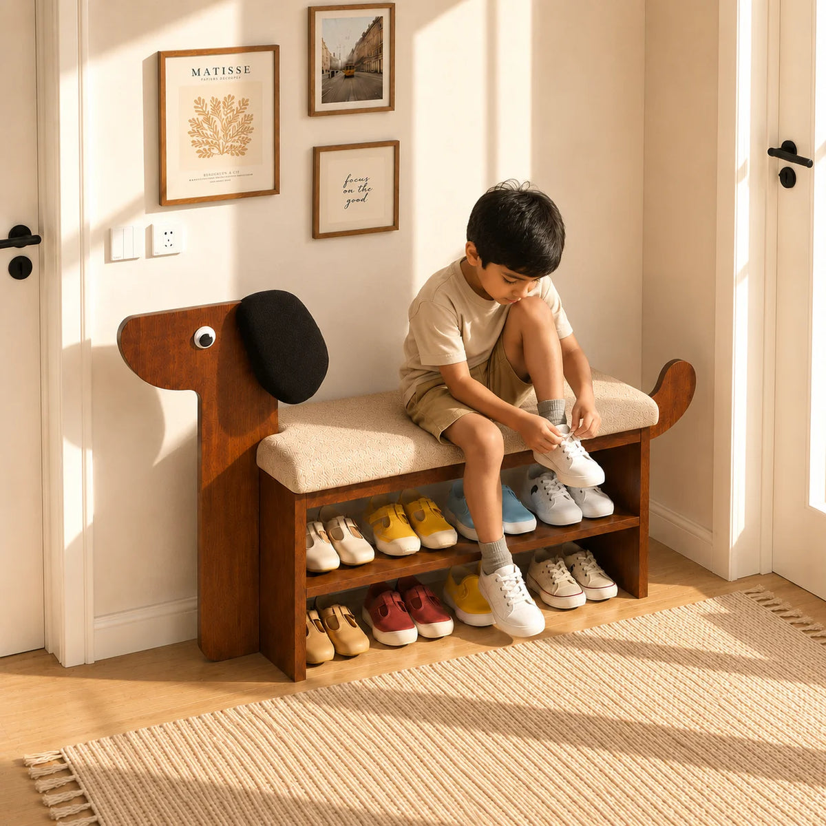 A child sits on a wooden entryway bench with a dog-shaped head and beige cushion, tying shoes while sneakers are displayed on the shelves in a bright room.