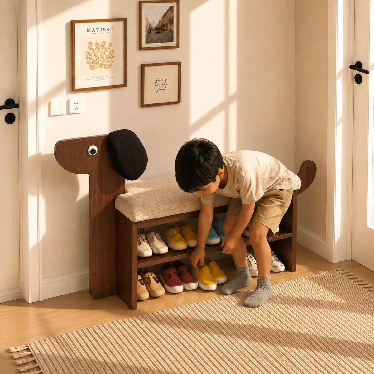 A child in a beige shirt and shorts bends over a wooden dog-shaped shoe bench with a cushioned seat and open shelves, placed in a sunlit entryway with framed wall art and a woven rug.