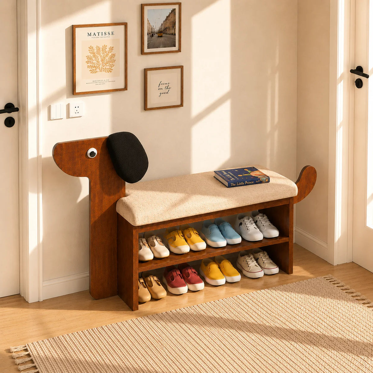 A wooden entryway shoe bench with a dog-shaped backrest, upholstered in beige fabric, styled with a book and shoes on the shelves, set in a warmly lit room with framed art on the wall.