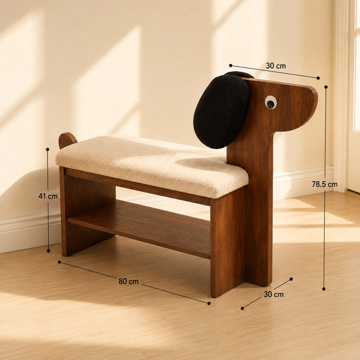 A wooden bench shaped like a dog, with a beige upholstered seat, black dog head, and visible dimension callouts showing measurements such as 80 cm, 78.5 cm, 41 cm, 30 cm, and 30 cm, set in a sunlit room.