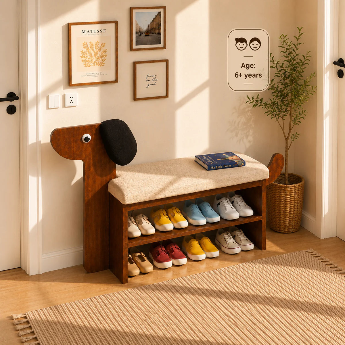 A wooden entryway bench with a dog-shaped head and a light beige cushion, styled in a warm, sunlit room. The bench has two open shelves underneath for shoes, with several shoes displayed.