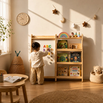 A light natural wood 12-compartment cubby shelf with a slanted top, shown against a warm beige wall with soft window shadow patterns and a matching wood floor.