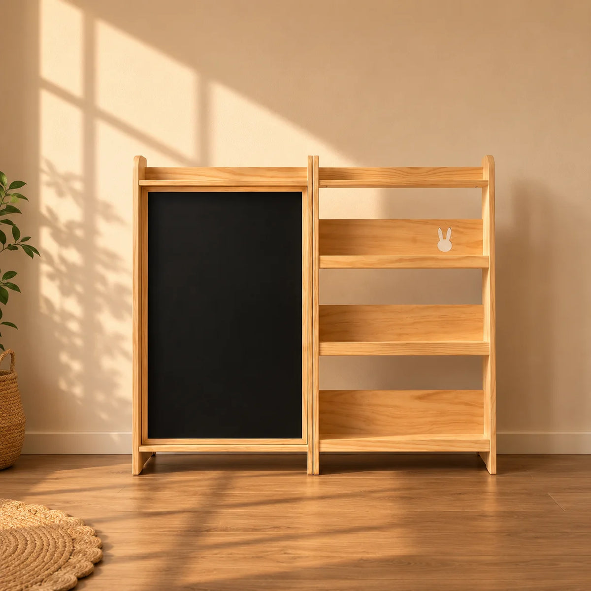 A light natural wood storage cabinet with a black chalkboard panel on the left and three open shelves on the right, set against a beige wall with warm sunlight and shadow patterns.