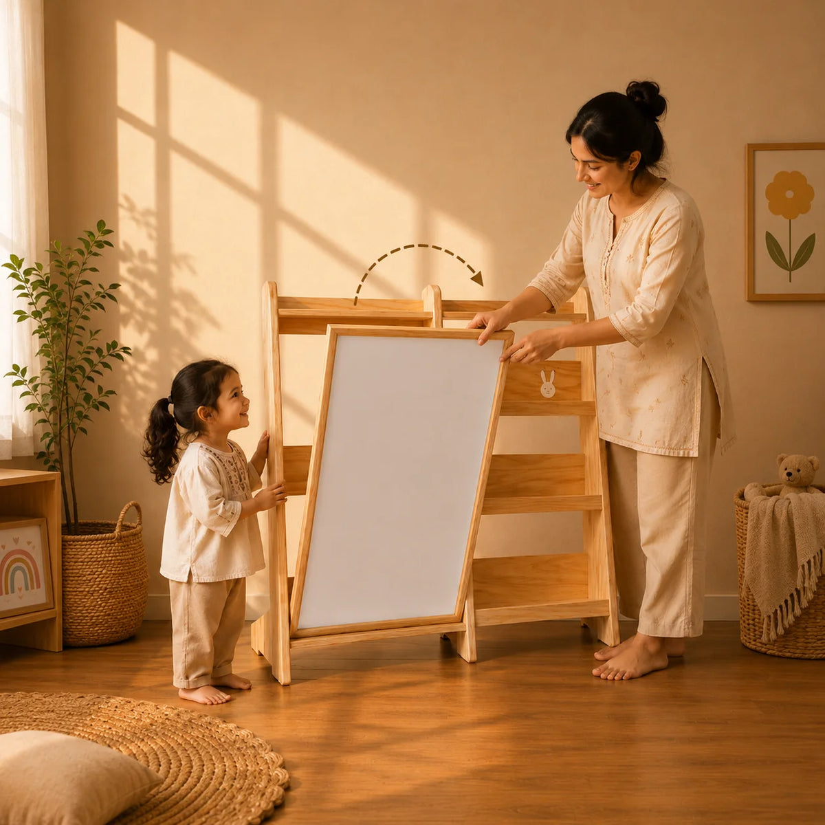 A woman and a young girl are assembling a wooden children's activity table or easel in a warm, sunlit room. The product is made of light natural wood with a large white writing board.