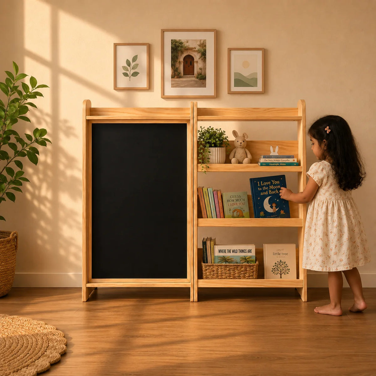 A young girl in a cream dress stands barefoot next to a light wood children's bookshelf with one side featuring a black chalkboard panel and the other side with three open shelves holding books, baskets, and small decor items, in a warm, sunlit room.