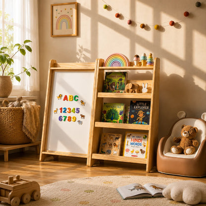 A light natural wood two-compartment shelving unit with multiple cubby compartments, set against a warm beige wall and wooden floor.