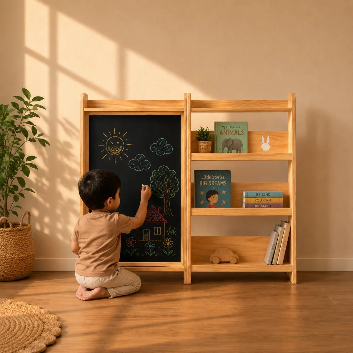 A child kneels beside a light wood dual-panel furniture piece in a sunlit room, writing on the left panel while books and small decor sit on the right shelving unit.