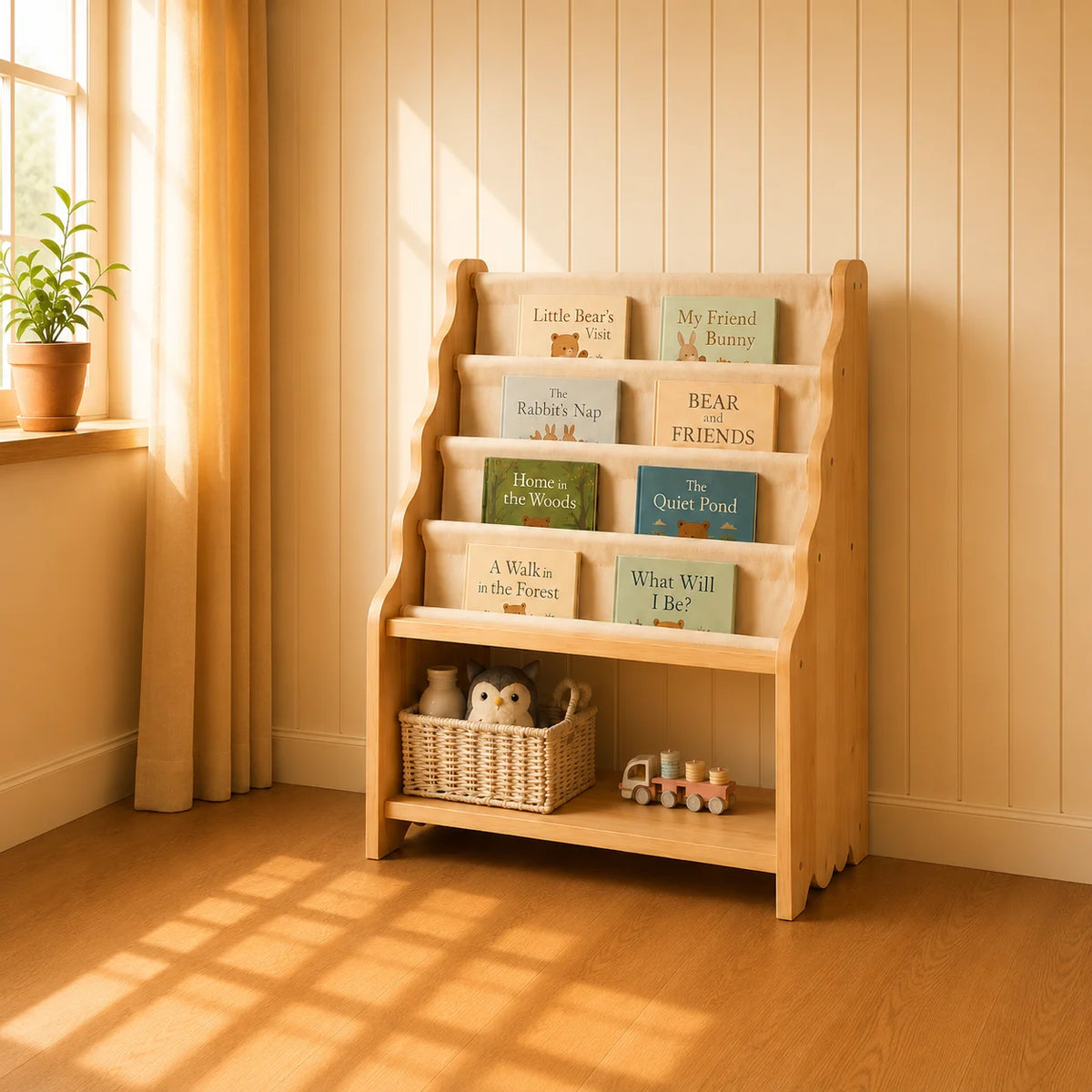 A light natural wood children's bookshelf with five open shelves, styled with children's books, a wicker basket, and small toys in a warm, sunlit nursery room with beige paneled walls.