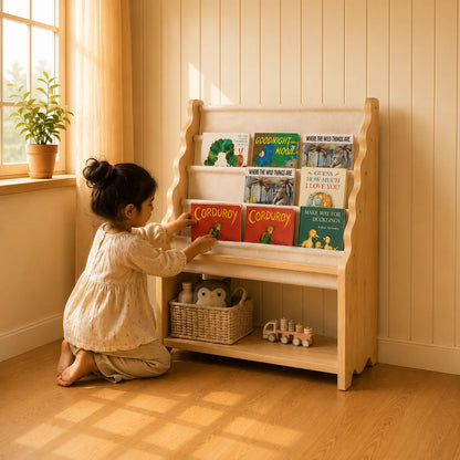 A young child kneels beside a light natural wood children's bookshelf in a sunlit room, reaching for a colorful book on the top shelf. The bookshelf holds several children's books and a wicker basket with toys below.