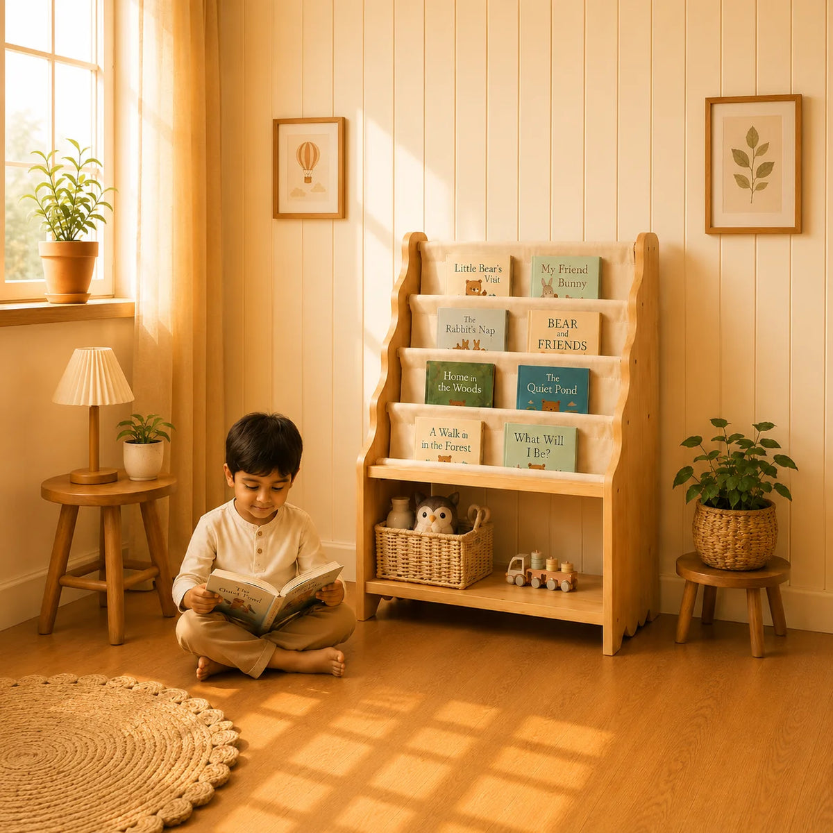 A young boy sits cross-legged on a wooden floor in a warmly lit children's room, reading a book next to a light wood bookshelf filled with colorful children's books. The room has cream paneled walls, a small table with a lamp and plant, and a woven rug.