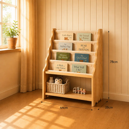 A light natural wood children's bookshelf with fabric book racks, shown in a sunlit room with wall and floor dimensions labeled: 78cm height, 64cm width, and 28cm depth. The shelf holds several children's books and a woven basket with small toys.