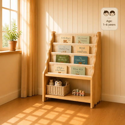 A wooden children's bookshelf with fabric book-holding pockets and a lower basket, styled in a warm sunlit room with books, toys, and a plant. A small age badge reading 'Age: 1-6 years' appears in the top right.