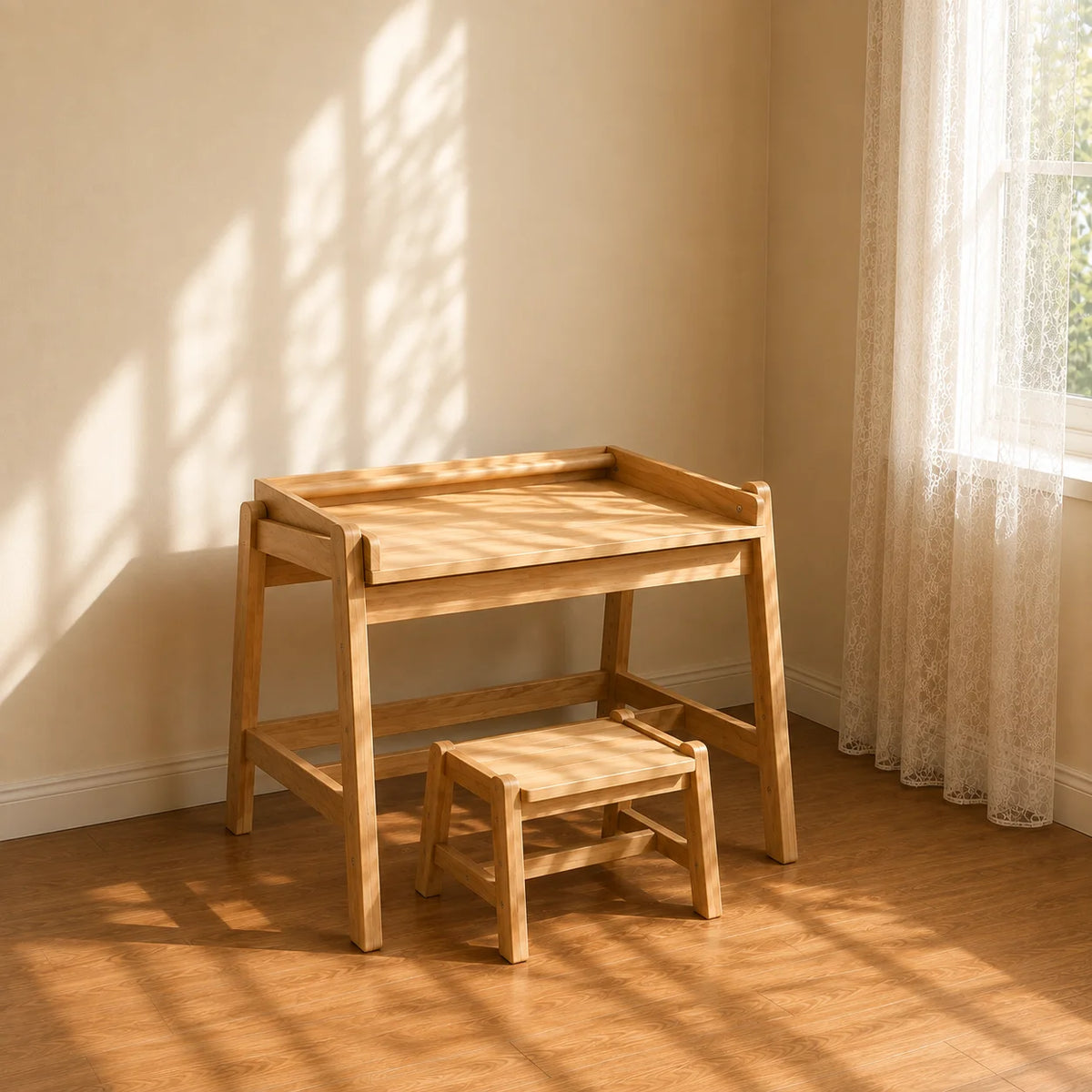 A young girl sits at a light natural wood children's desk with a matching stool, drawing in a sunlit room with warm wood floors and cream walls.
