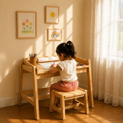 A light natural wood children's writing desk with a slatted back and armrests, styled in a sunlit room with warm sunlight and shadows on the wall and floor. The desk is decorated with art supplies, including a cup of colored pencils, a ruler, and a drawing pad.