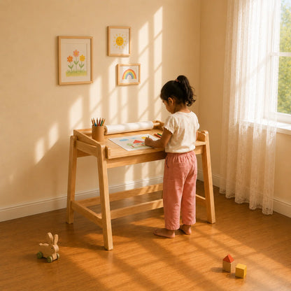A child sits at a light natural wood children's desk with an attached small stool in a sunlit room with hardwood floors and warm shadows.