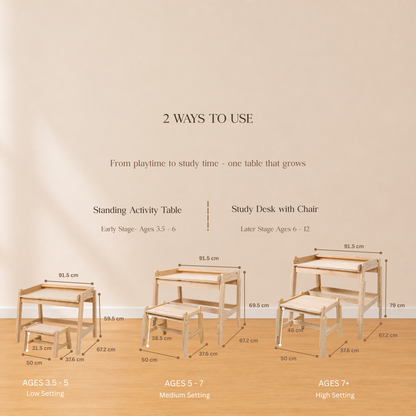 An informational diagram showing a wooden table and chair set in three height configurations labeled Standing Activity Table, Study Desk with Chair, and Low/Medium/High Settings, with measurements and age ranges on a beige wall and wood floor.