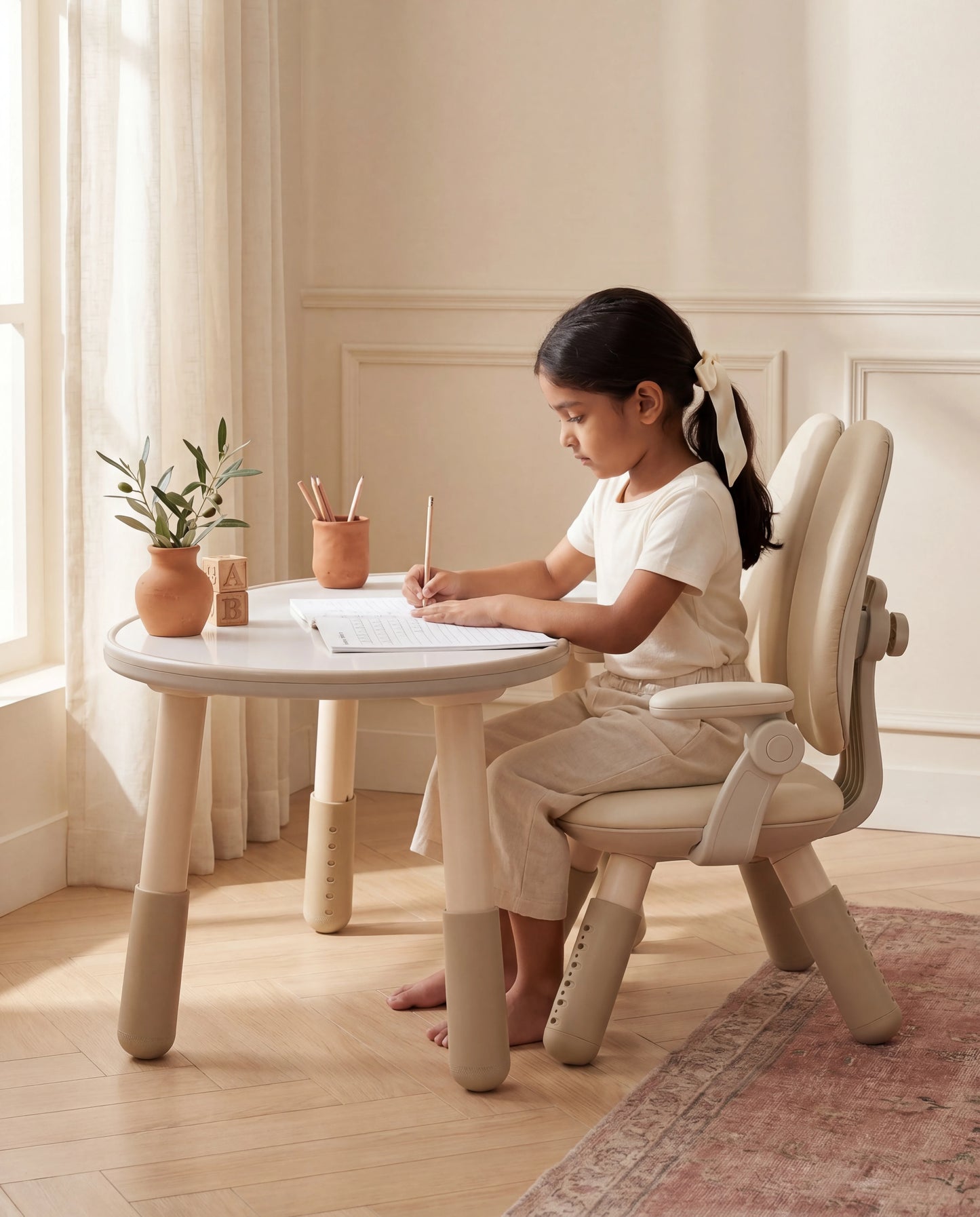 A young girl sits barefoot at a small round children's table, writing on paper in a bright, neutral room. She is wearing a cream outfit and seated on a matching ergonomic chair.