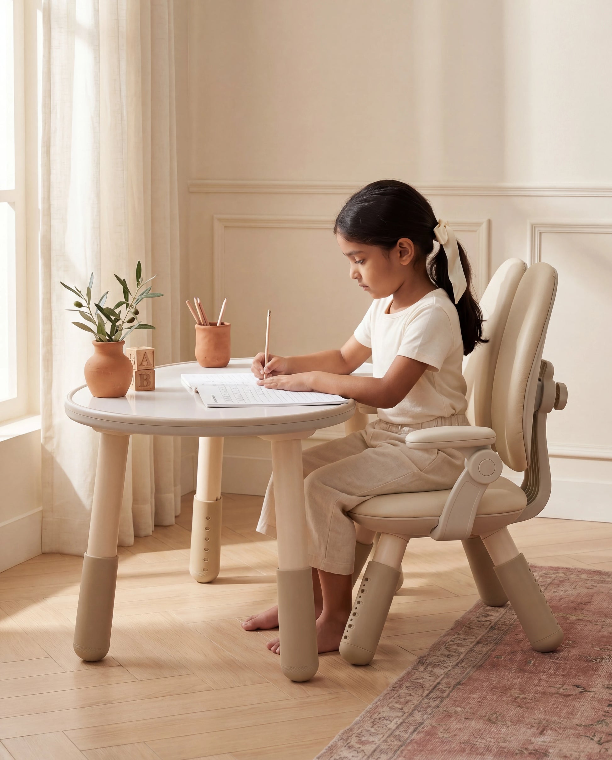 A young girl sits barefoot at a small round children's table, writing on paper in a bright, neutral room. She is wearing a cream outfit and seated on a matching ergonomic chair.
