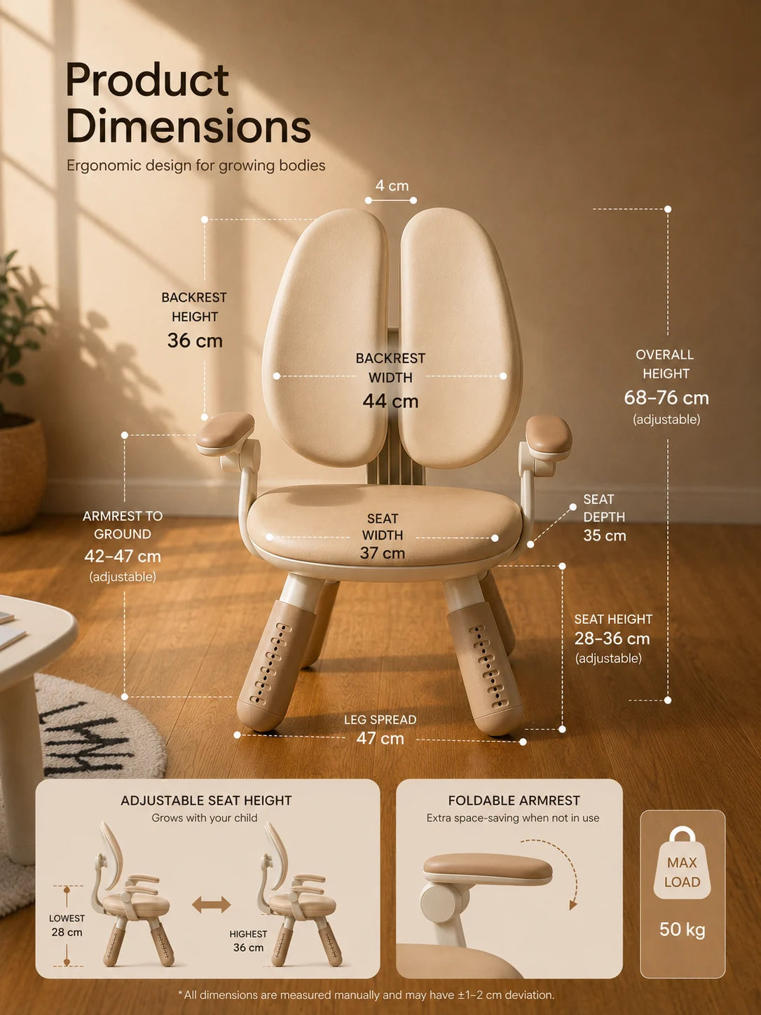 Product dimensions infographic for a modern split-back wooden chair, showing front and side measurements with text labels on a warm-toned room background.